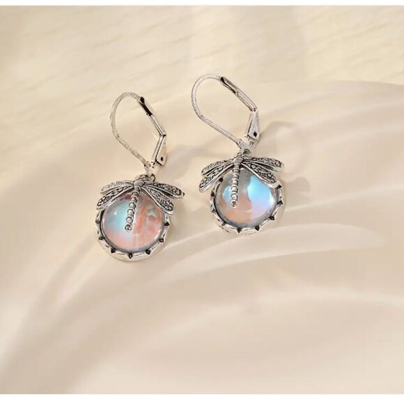 Dragonfly Dangle Earrings With Blue Glass & Silver Tone Finish - Picture 3 of 3